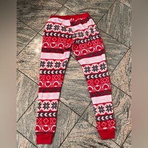 Festive Red, White and Gray Christmas Snowflake Patterned Plush Fleece Pants